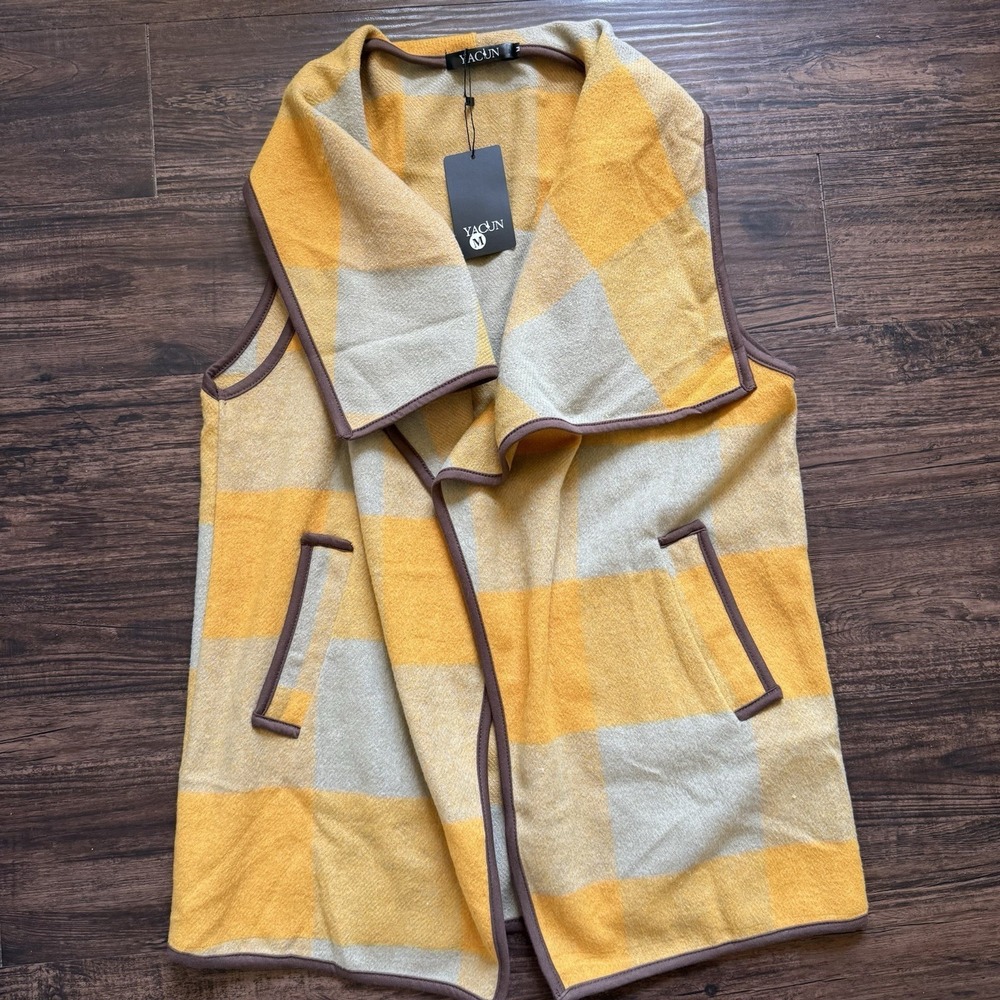 NWT YACUN Plaid Draped Open Front Vest Medium Mustard Yellow Buffalo Check Coat